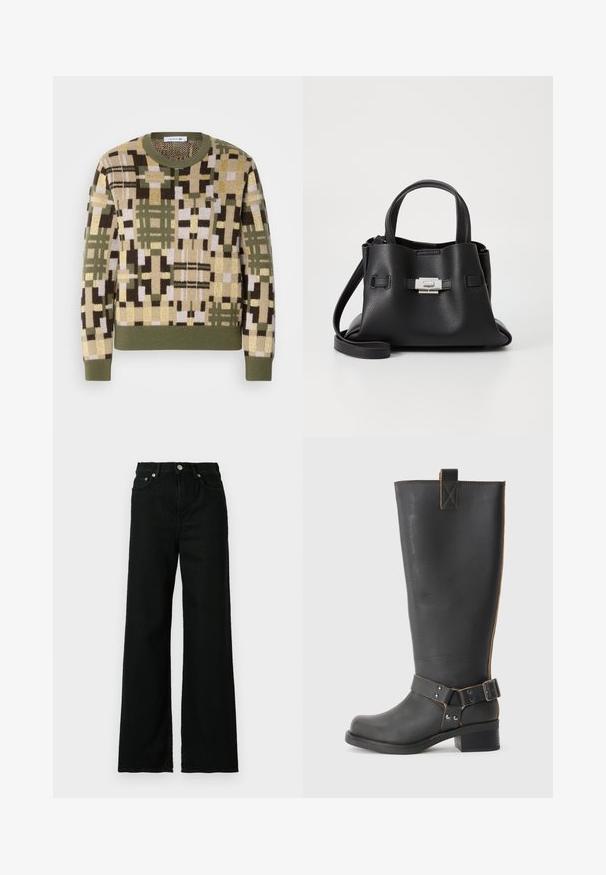 Suéter de malha com um padrão geométrico em tons terrosos de verde, castanho e bege. Gola redonda canelada e punhos das mangas canelados.; Jeans de denim preto com uma cintura alta, corte largo, apresentando um fecho frontal com botão e zip e um design clássico de cinco bolsos.; Bota preta de couro até ao joelho com um acabamento texturizado, apresentando um detalhe de fivela lateral e um salto baixo. Costura detalhada ao longo das costuras.; Bolsa de mão de couro preto com um acabamento texturizado, apresentando duas alças superiores, uma alça de ombro destacável e um detalhe de fecho prateado.