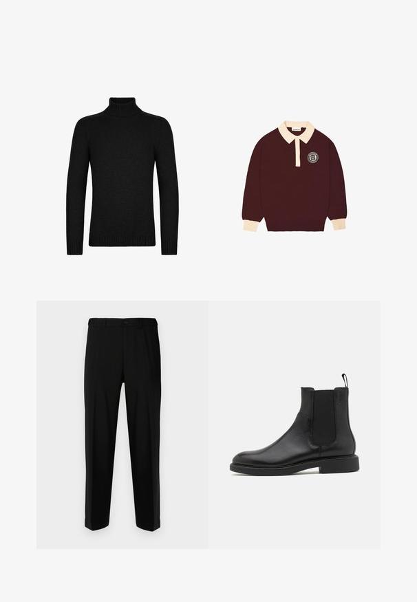 Czarny golf wykonany z miękkiego materiału, z prążkowanym kołnierzem i mankietami, o dopasowanym kroju i długich rękawach.; Bordowa koszula polo z długim rękawem z kremowym kołnierzykiem i mankietami, z zapięciem na guziki oraz okrągłym logo "Prohibited Berlin" na lewej piersi.; Czarne spodnie wykonane z gładkiego materiału, o prostym kroju, z dwoma przednimi kieszeniami oraz zapięciem na zamek błyskawiczny i guzik.; Czarny skórzany botek za kostkę o gładkiej fakturze, z elastycznymi bocznymi panelami i pętelką do zakupu. Okrągły nosek i płaska gumowa podeszwa z minimalnym bieżnikiem.