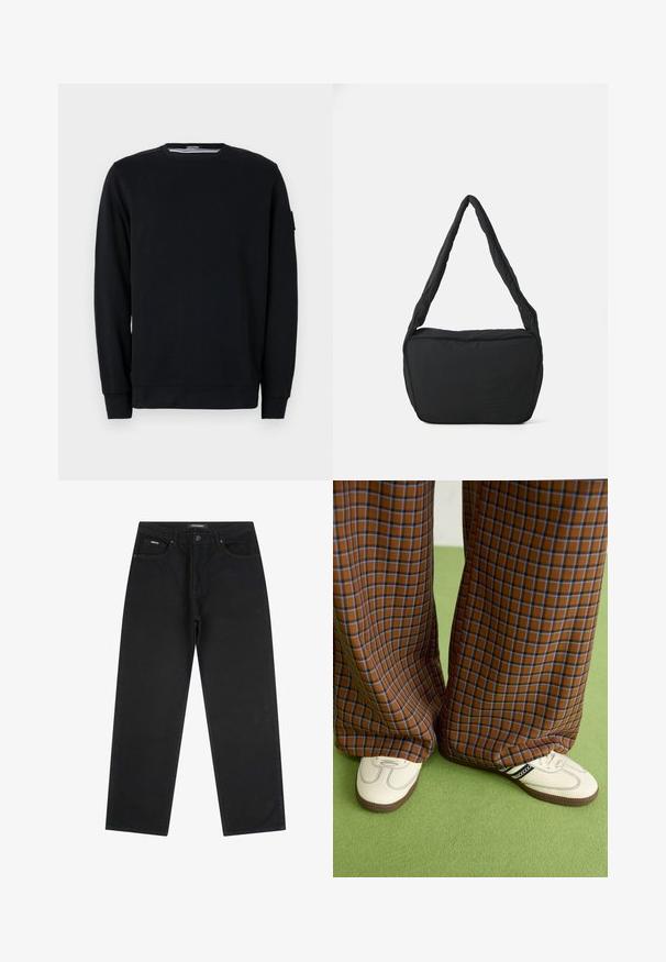 Crna dukserica s okruglim izrezom i dugim rukavima. Izrađena od mekog materijala s rebrastim manžetama i donjim rubom, s minimalističkim dizajnom.; Crne traperice ravnog kroja s prednjim gumbom i patent-zatvaračem, petljama za remen i dizajnom s pet džepova, položene ravno na bijeloj pozadini.; Smeđe i plave karirane široke hlače uparene s bijelim cipelama s crnim akcentima i teksturiranim potplatom, na zelenoj pozadini.; Crna torba za rame s podstavljenom teksturom, zaobljenog oblika i širokim remenom, s reljefnim logotipom sprijeda.