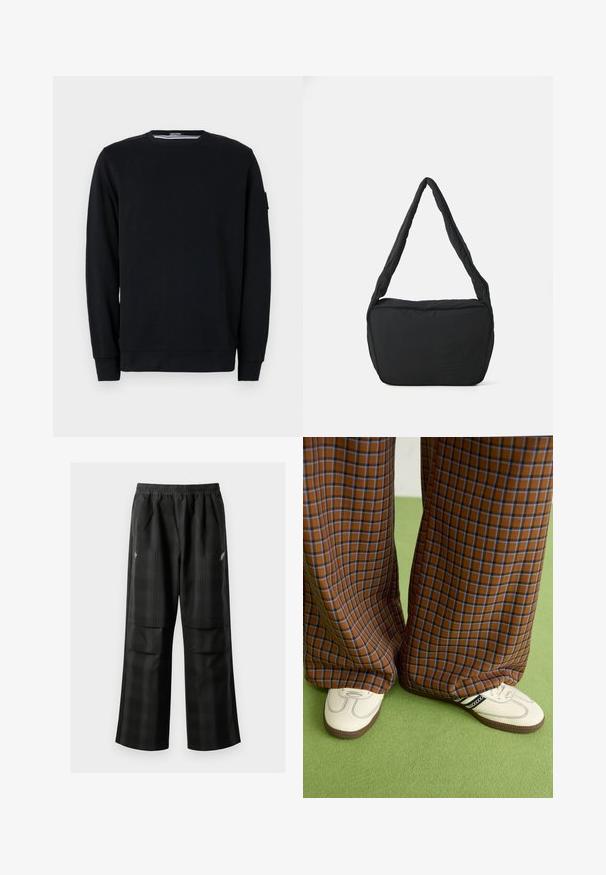 Black sweatshirt with a round neckline and long sleeves. Made from soft fabric with ribbed cuffs and hem, featuring minimalistic design details.; Black plaid pants featuring an elastic waistband, two front pockets, and a loose fit with a straight leg design. Made from lightweight material.; Brown and blue plaid wide-leg trousers paired with white shoes featuring black accents and textured soles, set against a green background.; Black shoulder bag with a padded texture, a rounded shape, and a wide strap, featuring an embossed logo on the front.