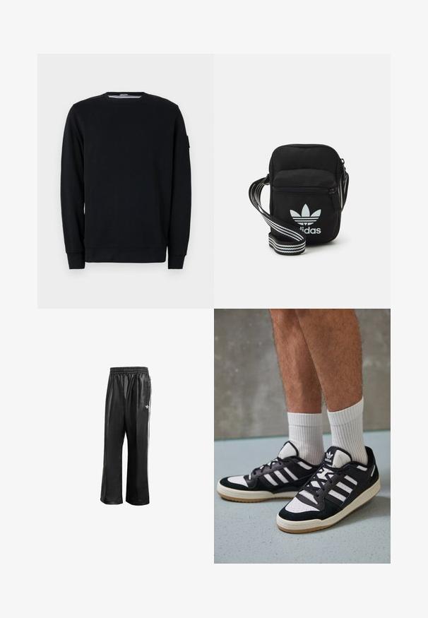 Sudadera negra con cuello redondo y mangas largas. Fabricada con un tejido suave y con puños y dobladillo acanalados, presenta detalles de diseño minimalistas.; Pantalones de chándal sintéticos negros con cinturilla elástica, que presentan rayas laterales blancas y un pequeño logo blanco en la cadera izquierda.; Zapatillas en blanco y negro con parte superior de ante y cuero, que presentan tres franjas blancas, una puntera perforada y una suela de goma.; Bolso cruzado de tela negra con cierre de cremallera, que presenta un logo blanco de Adidas y una correa ajustable a rayas para un fácil transporte.