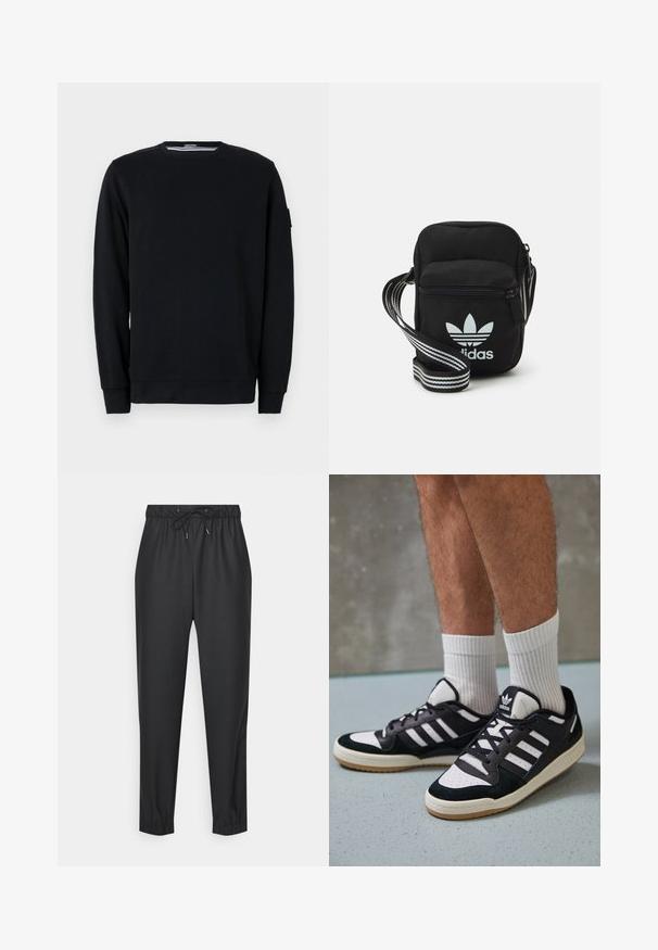 Zwarte sweatshirt met een ronde hals en lange mouwen. Gemaakt van zachte stof met geribbelde manchetten en zoom, met minimalistische ontwerpelementen.; Zwarte joggingsbroek gemaakt van een zachte, rekbare stof. Heeft een elastische tailleband met een trekkoord, taps toelopende benen en boorden bij de enkels.; Zwart-witte sneakers met een bovenwerk van suede en leer, voorzien van drie witte strepen, een geperforeerde neus en een rubberen gumzool.; Zwarte stoffen schoudertas met een ritssluiting, voorzien van een wit Adidas-logo en een gestreepte, verstelbare schouderband voor gemakkelijk dragen.