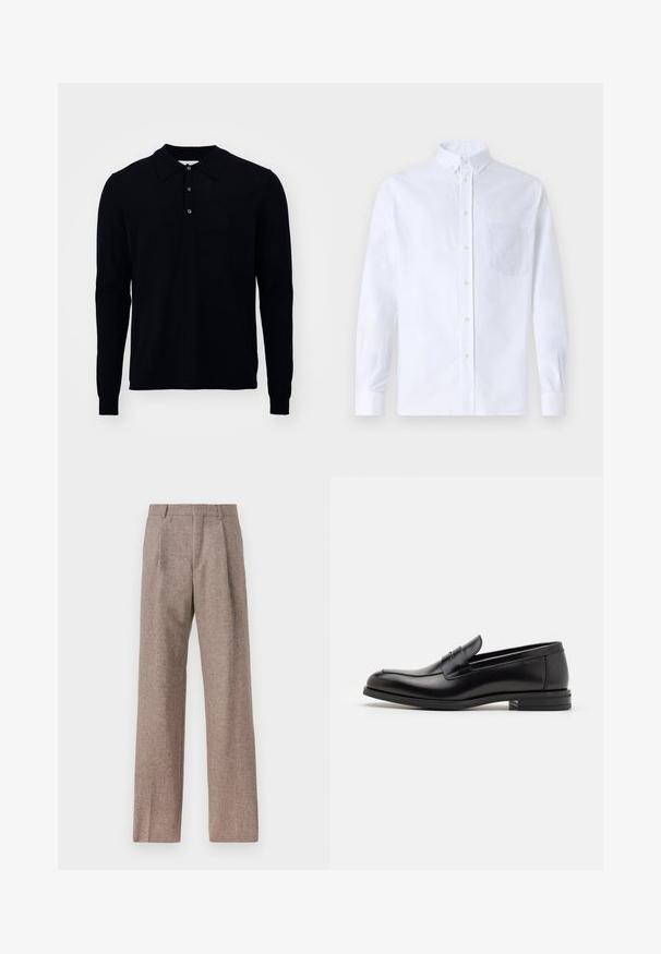 Tumedast sinises asuv pika varrukaga polo särk, valmistatud peenest kudumkangast. Omab kraed, kolme nööbi avamist ja soonikute ääriseid.; Valge pikamaa varrukatega nööbiga särk, mis on valmistatud puuvillast ja millel on rinna tasku toon-toonis brodeeringuga, krae ja nööbiga mansetid.; Prunnid, kõrge vöökohaga püksid, mis on valmistatud tekstureeritud kangast. Omavad laiu jalgu ja kahte eesmist voldikut struktuuri jaoks. Korralik viimistlus, ilma nähtava riistvarata.; Mustad mustad nahast loafers sileda tekstuuriga, ümarat ninaosa ja dekoratiivne riba vampi üle. Madal kihiline konts, minimalistlik disain.