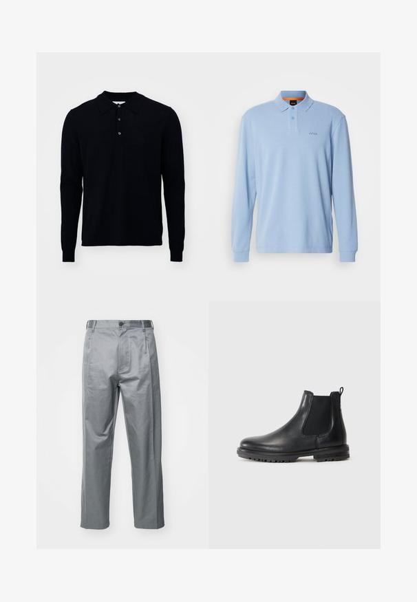 Dolga majica polo v temno modri barvi, izdelana iz fine pletenine. Ima ovratnik, zapenjanje z tremi gumbi in rebraste manšete.; Svetlo modra dolgoslezna polo majica iz teksturiranega materiala s ovratnikom in dvema gumboma, ki ima na prsnem delu vezeno logotip "BOSS".; Sive hlače iz bombažne mešanice z ravnim krojem, z sprednjim gumbom za zapiranje, zanka za pas in stranskimi žepi.; Črne usnjene Chelsea škornje z elastičnimi stranskimi paneli, zanke za oblačenje, zaobljenim nosom in robustnim podplatom, ki ima utore za oprijem.