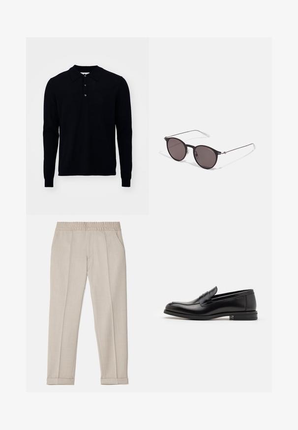 Pitkähihainen poolopaita tummansinisestä hienosta neulekankaasta. Ominaisuuksiin kuuluu kaulus, kolme nappia napituksessa ja ribbireunat hihansuissa.; Filippa K TERRY CROPPED TROUSERS - Housut - sage melange; Mustat nahkakengät, joissa on sileä pinta, pyöreä kärki ja koristeellinen nauha jalkapöydän yli. Matala pinoitu koroke, minimalistinen muotoilu.; Musta pyöreä aurinkolasit tummilla linsseillä ja kapeilla metallikehyksillä. Sisältää kirkkaat temppelet ja hopeiset yksityiskohdat saranassa. Minimalistinen muotoilu.