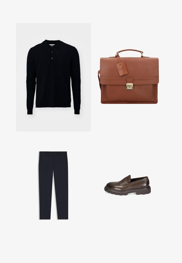 Langarm polo shirt in donker marineblauw, gemaakt van fijn gebreide stof. Heeft een kraag, een knoopsluiting met drie knopen en geribbelde manchetten.; Marineblauwe broek met een getailleerde pasvorm, voorzien van twee voorkruiden, een vlakke voorkant en een gladde textuur. Geen zichtbare patronen of versieringen.; Desa Instappers - brown; Bruine leren aktetas met een klep, bovenhandgreep, afneembare schouderband, gouden hardware en een bagagelabel met de merknaam.; Zilveren metalen horloge met een geborstelde blauwe wijzerplaat, witte uurmarkeringen en een datumweergave. Voorzien van een geschakelde metalen band en het logo van het merk.