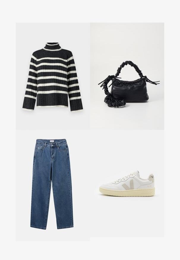 Schwarz-weiß gestreifter Rollkragenpullover mit lockerer Passform, gerippter Textur und langen Ärmeln. Verfügt über einen hohen Kragen und horizontale Streifen.; Klassische blaue Denim-Jeans mit geradem Bein, fünf Taschen und Knopfverschluss. Sie verfügen über eine mittelblau gewaschene Optik und sind aus robuster Textur.; Weiße Ledersneaker mit beigen Wildlederakzenten, perforierte Zehenbox, flache Schnürsenkel und eine strukturierte cremefarbene Sohle. Mit dezentem Branding an der Ferse.; Schwarze Handtasche aus Kunstleder mit Krokodilstruktur, gerafftem oberen Teil und einem geschoppten Tragegurt. Sie wirkt weich und kompakt im Design.