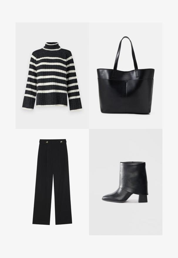 Fekete-fehér csíkos garbó pulóver, laza illeszkedéssel, bordás textúrával és hosszú ujjal. Magas nyakkal és vízszintes csíkokkal rendelkezik.; Fekete, bő szárú nadrág magas derékkal, gombos részletekkel a derékrészen és elülső pliszékkal.; Fekete bőr bokacsizma, hegyes orral, sima felülettel és strukturált blokk sarokkal. Magas, hajtott szegéllyel rendelkezik.; Fekete bőr bevásárlótáska két hosszú fogantyúval, sima felülettel és strukturált formával. Elülső zseb található rajta a plusz tárolás érdekében.