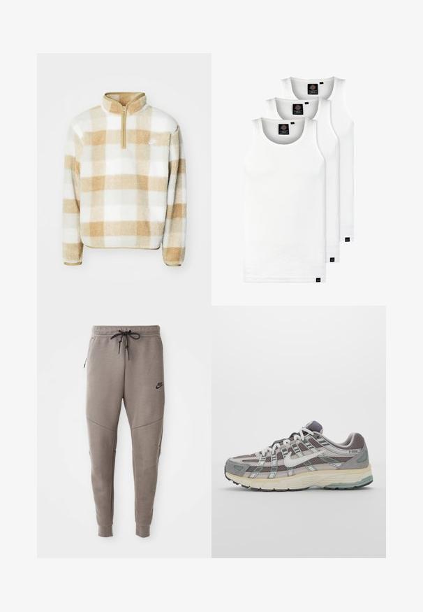 Pulôver de fleece com meia zip, apresentando um padrão quadriculado em bege e branco e um pequeno logotipo no peito. Tecido macio e corte descontraído.; Três tops em algodão de alças brancas com nervuras. Apresentam um decote redondo e pequenas etiquetas pretas perto da bainha. Disponíveis em vários tamanhos.; Calças de treino cinzentas da Nike com um cós elástico ajustável, pernas ajustadas, bolsos laterais e pormenores de costura distintos. Tecido suave e texturizado.; Sapatilha atlética cinza com parte superior em malha e camurça, detalhes brancos, sola acolchoada e um design distinto com elementos refletivos.
