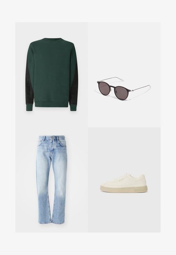 Roheline dressipluus ümmarguse kaelusega, mustade külgpanelitega ja rinnal musta värvi nõrk logo detail. Pehme, tekstureeritud kangas.; Heled sinine teksapüksid sirge lõikega. Omab viit taskut, nööpide kinnitust ja pleekinud tekstuuri allosas.; Valged kangast spordijalatsid tekstureeritud kummist tallaga, tükkide õmblusega varbakaitsme ja logo rõhuasetusega kandmisel. Lihtne lipsuga disain.; Mustad mustad prillid tumedate läätsedega ja õhukeste metallist käepidemetega. Kaarja kujuga seljaosa ja hõbedased aktsendid hingel. Minimalistlik disain.