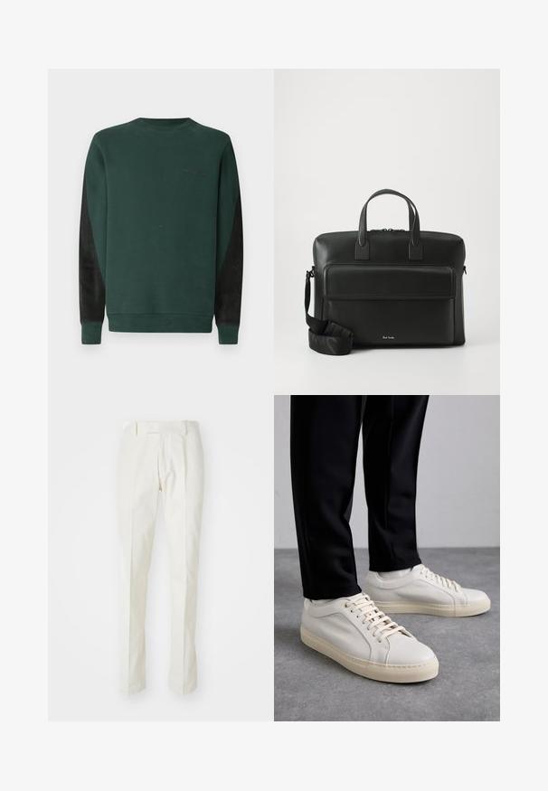 Felpa verde con collo rotondo, pannelli laterali neri e dettagli del logo in nero sul petto. Tessuto morbido e texturizzato.; Pantaloni bianchi in cotone, con un design a gamba dritta, fronte piatto e senza motivi o hardware visibili. Texture liscia.; Sneaker in pelle beige chiaro con lacci piatti, superficie texturizzata e suola in gomma di colore crema in contrasto, abbinati a pantaloni neri a sigaretta.; Valigetta in pelle nera con manici superiori doppi, una tasca frontale e una tracolla staccabile, con un sottile marchio in fondo.