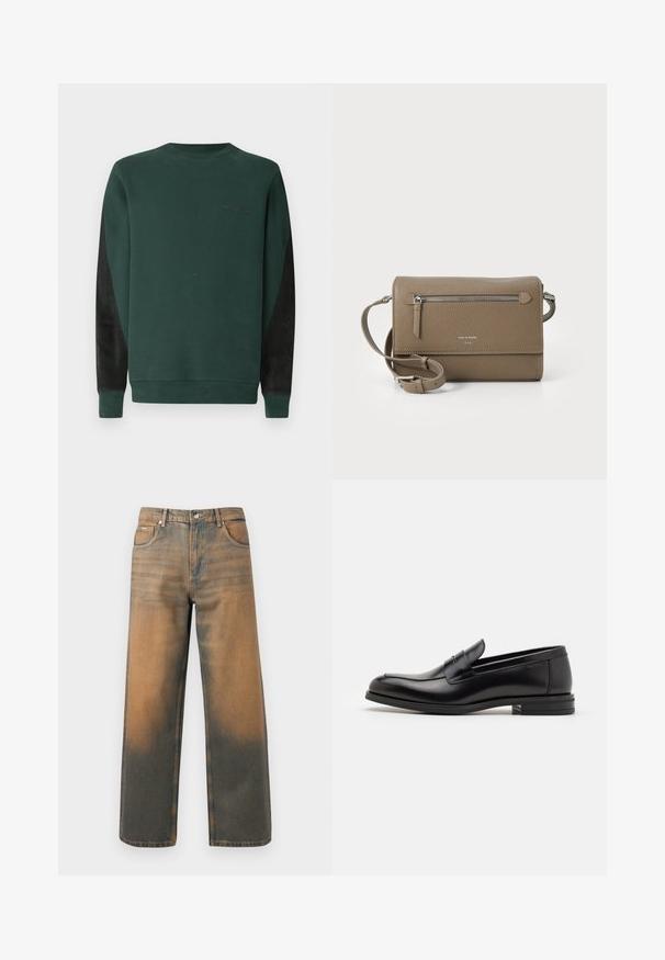 Green sweatshirt with a crew neck, black side panels, and subtle logo detailing in black on the chest. Soft, textured fabric.; Wide-leg jeans in distressed blue and brown denim. Features a high waist, front pockets, and a classic button closure with metallic accents.; Black leather loafers with a smooth texture, rounded toe, and a decorative strap across the vamp. Low stacked heel, minimalist design.; Taupe leather crossbody bag with a zippered front pocket, adjustable strap, pebble texture, and embossed logo on the front.