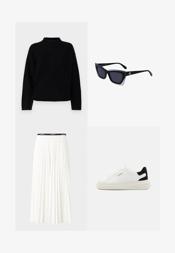 Maglione nero a maniche lunghe con collo alto. Texture morbida, vestibilità rilassata e silhouette dritta. Nessun motivo o dettaglio hardware notevole.; Gonna bianca plissettata con elastico nero in vita che presenta il logo "LACOSTE". Design di lunghezza media con texture morbida.; Sneaker bianchi in pelle con suola spessa bianca, accento in suede nero sul tallone e logo impresso sul lato. Design con lacci e sei fori per i lacci.; Occhiali da sole oversize neri dalla forma geometrica, con lenti scure e un dettaglio grigio a contrasto sulla montatura. Logo sul braccio.