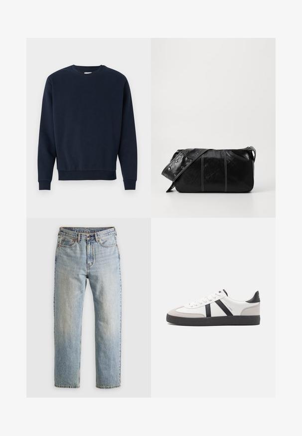 Felpa in cotone blu navy con collo a giro, maniche lunghe e polsini e orlo a coste. Texture liscia, design minimale, senza loghi visibili.; Jeans in denim azzurro chiaro con vita alta, bottone anteriore, cerniera e design a cinque tasche, adagiati su uno sfondo neutro.; Sneaker bianco con accenti neri e grigi, dotata di una punta grigia testurizzata, suola in gomma nera e lacci bianchi piatti. Design pulito, stile minimalista.; Borsa a spalla in pelle nera con chiusura a zip, caratterizzata da un corpo testurizzato, cuciture bianche e una tracolla con occhielli in argento.