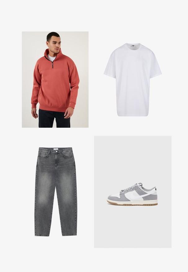 Flis pulover u boji koralja s ovratnikom na četvrt-zip. Ima horizontalnu šav preko prsa i rebraste rukave. Mekana tekstura.; Bijela pamučna majica s kratkim rukavima, zaobljenim izrezom, opuštenog kroja, bez vidljivih logotipa ili uzoraka. Glatka tekstura i minimalni dizajn.; Traperice visokog struka, širokog kroja u izblijedjelom crnom denimu. Imaju pet džepova, petlje za remen, i čist, ravni kroj nogu.; Sivi i bijeli tenisice s gornjištem od antilopa i kože, okruglim vrhom, ravnim vezicama i gumenim potplatom s dodatkom boje gume.