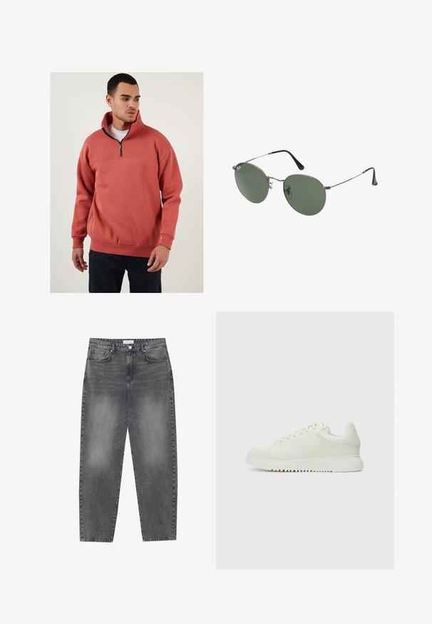 Polarowy pulower w kolorze koralowym z kołnierzem na ćwierć zamka. Posiada poziomy szew na klatce piersiowej oraz ściągacze przy mankietach. Miękka faktura.; Biała bawełniana koszulka z krótkimi rękawami, okrągłym dekoltem, luźnym krojem i bez widocznych logo lub wzorów. Gładka tekstura i minimalistyczny design.; Jeansy z wysokim stanem, luźne, w wyblakłym czarnym deninie. Posiadają pięć kieszeni, szlufki na pasek oraz prosty, klasyczny krój nogawek.; Białe skórzane sneakersy z teksturowanym cholewką, zaokrąglonym noskiem, płaską białą podeszwą i tonowymi sznurówkami. Dyskretne logo na języku.; Okulary przeciwsłoneczne z metalową ramą i owalnymi zielonymi soczewkami. Cienka srebrna metalowa rama i czarne końcówki zauszników. Minimalistyczny design, bez widocznych logo.