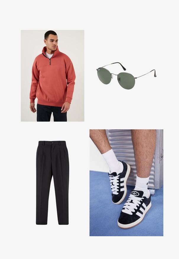Pullover in pile di colore corallo con colletto a zip quarti. Presenta una cucitura orizzontale all'altezza del petto e polsini a costine. Texture morbida.; Pantaloni neri con design a pieghe sul davanti, realizzati in tessuto morbido. Presentano una chiusura con bottone e passanti per cintura; vestibilità a gamba dritta.; Sneakers in suede nero con lacci bianchi e tre strisce bianche. Presentano un logo circolare nero sulla linguetta e una suola in gomma color gomma.; Occhiali da sole con montatura in metallo e lenti verdi ovali. Montatura sottile in metallo argento e terminali neri. Design minimalista, senza loghi visibili.