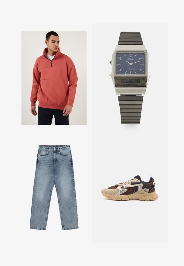 Fleece pullover in coraal met een kwart-rits kraag. Heeft een horizontale naad over de borst en ribbronzen manchet. Zachte textuur.; Lichtblauwe denim jeans met een rechte pijp, zichtbare stiksels, vijf zakken en een knoopsluiting in de taille.; Beige en bruine sneaker met gestructureerde meshpanelen, suède accenten en een rubberen zool. Bevat vetersluiting en merkdetails.; Casio digitale watch met een blauwe wijzerplaat, zilveren kast en gelaagde zwarte rubberen band. Toont de tijd en alarminstellingen. Waterbestendig.