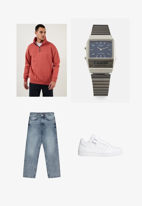Fleeceová mikina v korálové barvě s čtvrtinovým zipem na límci. Obsahuje horizontální šev přes hruď a žebrované manžety. Měkká textura.; Světle modré džíny z denimu se střihom rovnými nohavicemi, viditelným šitím, designem s pěti kapsami a knoflíkovým zapínáním v pase.; Bílé sportovní tenisky s hladkým koženým svrškem, perforovanou špičkou, třemi pruhovanými akcenty a suchým zipem. Gumová podrážka s detaily značky.; Digitální hodinky Casio s modrým ciferníkem, stříbrným pouzdrem a vrstveným černým gumovým remínkem. Zobrazuje čas a nastavení alarmu. Voděodolné.