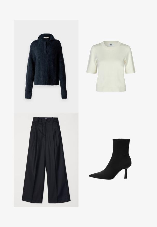 Námořnický pletený svetr s vysokým límcem, který má texturované vertikální pruhy a žebrované manžety a spodní lem. Měkká, nadýchaná příze.; Pletený svetr s krátkým rukávem v barvě slonové kosti, s kulatým výstřihem a hladkou, jemnou texturou. Jednoduchý a klasický design.; Černé kalhoty s širokými nohavicemi vyrobené z hladkého materiálu, s vysokým pasem, sklady a přizpůsobeným střihem. Jednoduché černé kování v pase.; Černá kotníková bota vyrobená z hladké textilie, s špičatou špičkou a úzkým stiletto podpatkem, s bezešvým designem a bez viditelného kování.