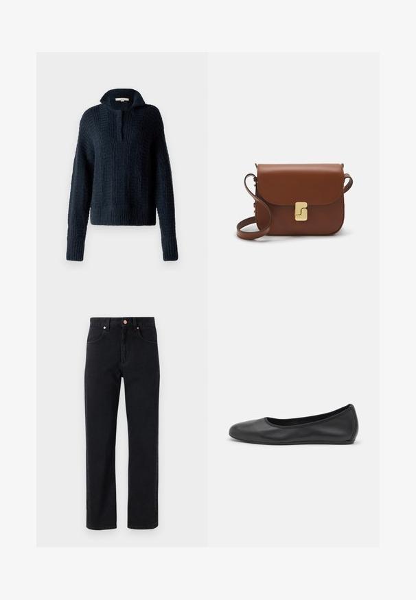 Navy knitted sweater with a high collar, featuring textured vertical stripes and ribbed cuffs and hem. Soft, chunky yarn composition.; White short-sleeve t-shirt made of ribbed fabric. Round neckline, regular fit, and subtle stitching details. No patterns or graphics.; Black denim jeans with a straight-leg cut, five-pocket design, copper button details, and minimal stitching visible.; Black leather ballet flat with a rounded toe, smooth texture, minimal stitching detail, and a flexible sole design.; Brown leather handbag with a flap closure, gold-tone hardware, a shoulder strap, and a smooth texture. Compact rectangular shape.