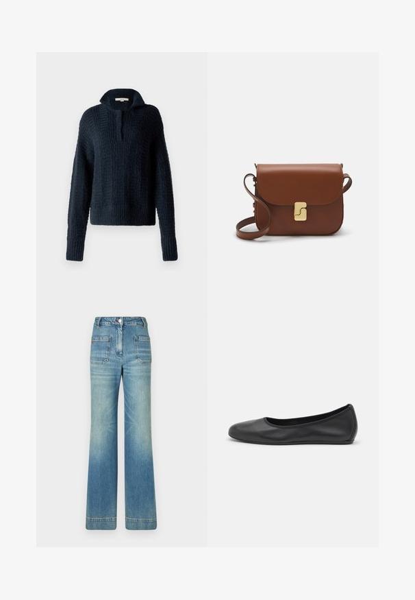 Mornarsko pleteno pulover s visokim ovratnikom, ki ima teksturirane vertikalne črte in rebraste manšete ter spodnji rob. Mehka, debela sestava preje.; Bela kratka majica s kratkimi rokavi iz rebrastega materiala. Okrogla ovratnica, običajen kroj in subtilni šivi. Brez vzorcev ali grafik.; Svijetloplave traperice s flared nogavicama, pet džepova, petljama za remen, kopčanjem na dugme i blago izblijedjelim izgledom, s crvenim logo detaljem na stražnjem dijelu.; Črne usnjene balerinke z zaobljenim nosom, gladko teksturo, minimalnimi šivi in fleksibilno zasnovo podplata.; Rjava usnjena torbica s poklopcem, zlato obarvani okovi, naramnica in gladka tekstura. Kompaktna pravokotna oblika.