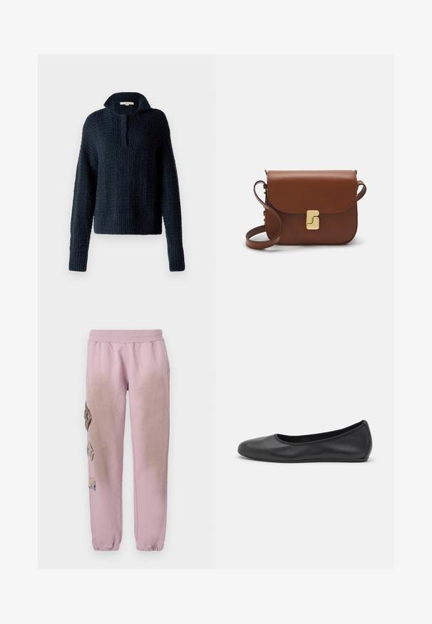 Marineblå strikket sweater med høj krave, prydet med teksturerede lodrette striber samt ribbede manchetter og kant. Blød, kraftig garnkomposition.; Hvid kortærmet t-shirt lavet af ribbet stof. Rund halsudskæring, almindelig pasform og subtile syninger. Ingen mønstre eller grafik.; Lyserøde sweatpants med elastisk talje, prydet med dekorative patches i diamantform på venstre side og elastiske manchetter ved anklerne.; Sort læderballetsko med rund tå, glat tekstur, minimal syning og et fleksibelt såldesign.; Brun læder håndtaske med flaplukning, hardware i gyldent tone, en skulderrem og en glat overflade. Kompakt rektangulær form.