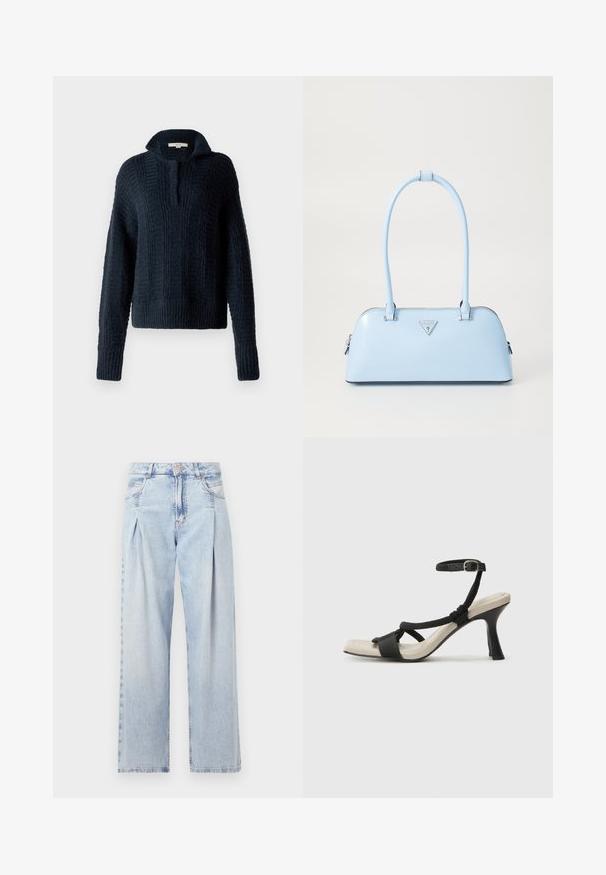 Marineblauwe gebreide trui met een hoge kraag, voorzien van getextureerde verticale strepen en ribgebreide manchetten en zoom. Zachte, dikke garencompositie.; Lichtblauwe denim jeans met een hoge taille, wijde pijpen, twee zijzakken en geplooid ontwerp. Zachte textuur met een vervaagd uiterlijk.; Zwarte hoge hak sandaal met een gevlochten bandontwerp, vierkante teen en verstelbare enkelband. Lichtbeige voetbed met een glanzende zwarte hak.; Lichtblauwe handtas met een gestructureerde vorm, van soepel leer, met twee handvatten en een driehoekig merklogo aan de voorkant. Met ritsluiting.