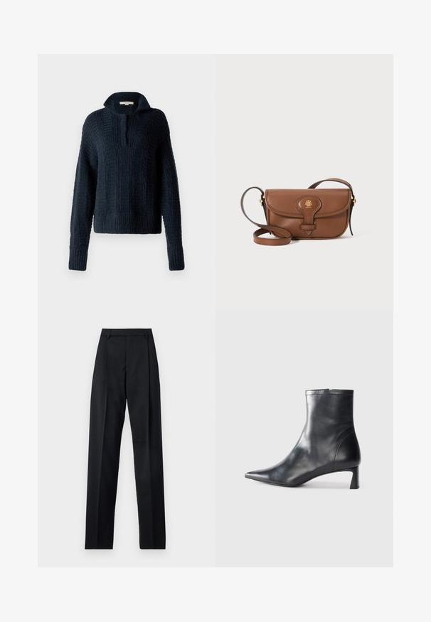 Maglione lavorato a maglia blu navy con colletto alto, caratterizzato da strisce verticali testurizzate e polsini e orlo a coste. Composizione in filato morbido e spesso.; Pantaloni neri realizzati in tessuto morbido, caratterizzati da vita alta, gambe larghe, pince frontali e classiche passanti per cintura. Non ci sono tasche laterali visibili.; Stivaletto in pelle nera con punta affusolata e design elegante. Presenta un tacco basso e una chiusura con zip sul retro. Texture liscia.; Borsa a tracolla in pelle marrone con pattina curvata, hardware dorato e un logo decorativo. La tracolla è regolabile e presenta una texture liscia.