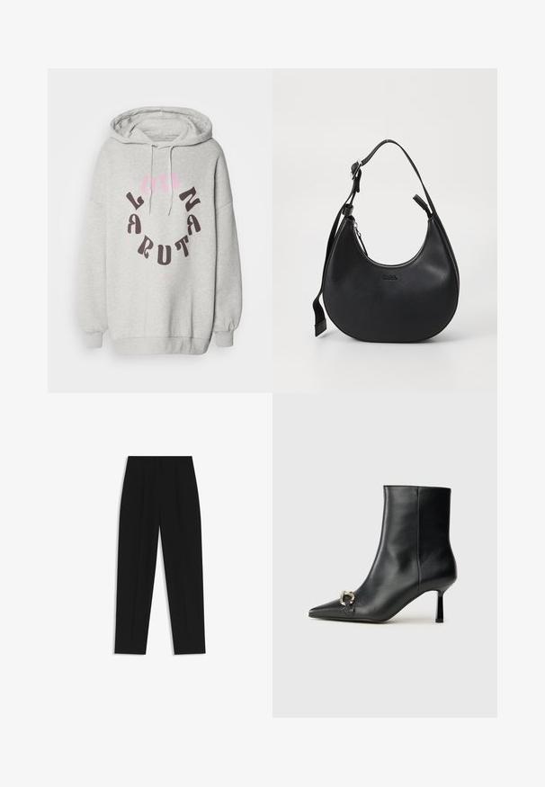 Felpa grigia realizzata in misto cotone, con una grande grafica circolare in marrone scuro e testo rosa. Dotata di cappuccio con coulisse e polsini a costine.; Pantaloni neri a taglio dritto, con doppie pieghe, una texture liscia e un design classico in vita. Nessun hardware o dettaglio visibile.; Stivale alla caviglia in pelle nera con punta affusolata, tacco sottile di media altezza e dettaglio in fibbia argentata sul lato, su sfondo semplice.; Borsa a spalla in pelle nera con forma curva, chiusura con zip e tracolla regolabile. Presenta il logo del marchio impresso sulla parte anteriore.