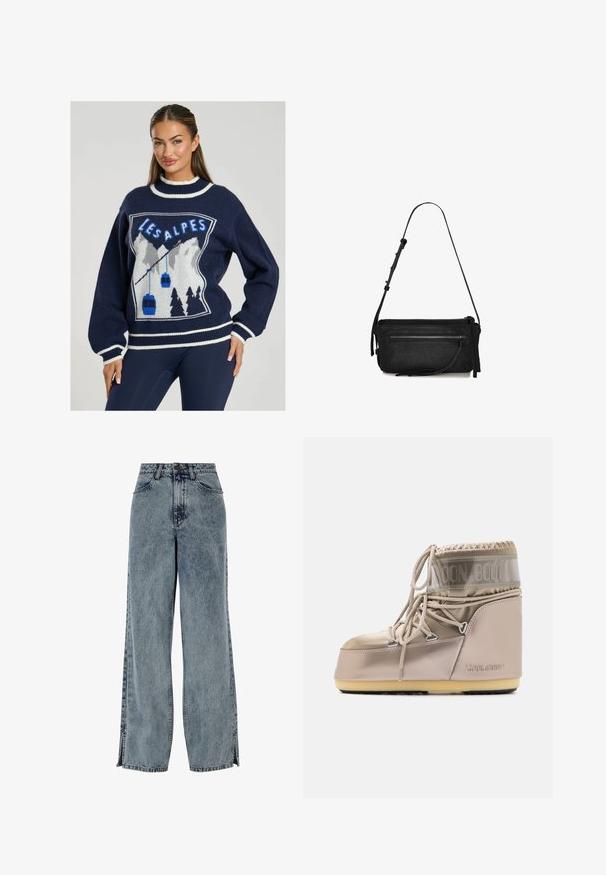 Granatowy sweter dzianinowy z grafiką gór, kolejką linową oraz napisem "LES ALPES" na niebieskim tle, z białymi wykończeniami na kołnierzu i mankietach.; Jasnoniebieskie dżinsy o szerokich nogawkach z przetarciem, z przednimi kieszeniami, zapięciem na guzik oraz z wycięciami po bokach u dołu nogawek.; Beżowe buty Moon Boot z błyszczącym materiałem wierzchnim, elastycznym zapięciem sznurówkowym i wyściełanym mankietem. Gumowa podeszwa z teksturowanym wzorem zapewnia dobrą przyczepność.; Czarna skórzana torebka na ramię z jedną regulowaną rączką, prostokątnym kształtem, przednią kieszenią na zamek oraz subtelnym teksturowanym wykończeniem.