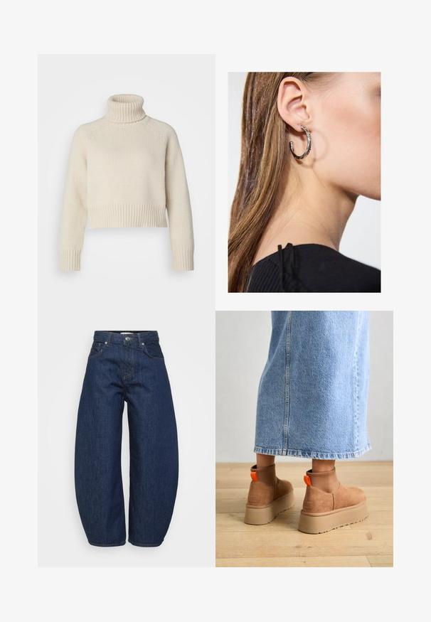 Crème-kleurige gebreide trui met een hoge geribde col, cropped lengte en geribde manchetten en zoom. Soepele textuur met een effen patroon.; Hoge taille donkerblauwe denim jeans met wijde benen, voorzijde met knoop en ritssluiting en klassiek vijf-pocket ontwerp.; Bruine suède platformlaarzen met elastische zijkanten en oranje trekbandjes, gecombineerd met een lichtdenim rok tot de knie op een houten vloer.; Zilveren oorbel met een gepolijste afwerking, met kleine gouden accentdetails en een ronde vorm, gedragen op de oorlel.