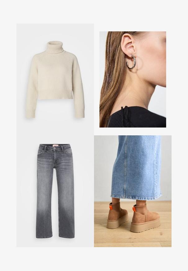 Kremfarget strikket genser med høy ribbestrikket krage, forkortet lengde og ribbestrikkede mansjetter og kant. Glatt tekstur med et ensfarget mønster.; Grå denimjeans med rett ben-design, fem-lomme stil, subtil falming, og knappelukking i midjen.; Brune semska plattformstøvler med elastiske sidepaneler og orange rekkehalser, parret med en knelange lys denimskjørt på et tregulv.; Sølv ringøredob med en polert finish, med små gull detaljer og en rund form, båret på øreflippen.