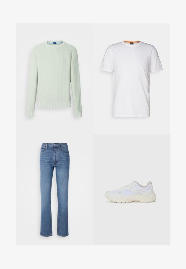 HUGO SONDYE - Jumper - light pastel green; White cotton T-shirt with a crew neck, short sleeves, and a subtle embossed logo on the chest. Interior tag has an orange accent.; Blue denim jeans with a high waist, straight-leg design, and subtle fading. Features classic five-pocket styling and a zip fly closure.; White athletic shoes made of mesh and suede, featuring a textured midsole, textured accents, and "HUGO" logo on the side.