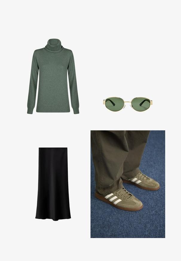 Zelený rolák vyrobený z měkkého materiálu, s dlouhými rukávy a žebrovaným lemem a manžetami, s hladkým povrchem po celém obvodu.; Černá midi sukně vyrobená z hladkého, lehkého materiálu. Disponuje rovný střihem, bez viditelné kovové části a jednoduchým designem bez vzorů.; Zelené semišové tenisky se třemi bílými pruhy, hnědou gumovou podrážkou a texturovanými tkaničkami, spárované s olivově zelenými kalhotami na modrém koberci.; Sluneční brýle s metalickým zlatým rámem, zelenými skly, oválného tvaru, s černými stranicemi a průhlednými nosními podložkami. Čistý, minimalistický design.