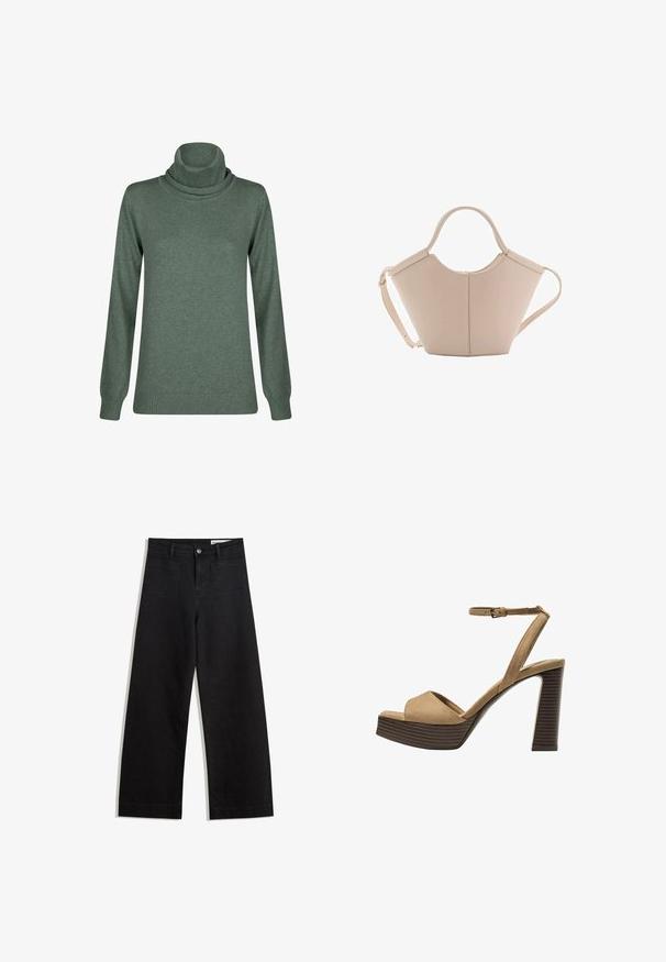Grüner Rollkragenpullover aus weichem Material, mit langen Ärmeln und gerippten Säumen sowie Bündchen, mit einer durchgehend glatten Textur.; Schwarze weit geschnittene Jeans mit hoher Taille, ausgestattet mit Vorder- und Hintertaschen, gesteppten Nähten und einem Knopfverschluss. Glatte Textur.; Beige Wildleder-Pumps mit hohem Absatz, breitem Vorderband und Knöchelriemen, ausgestattet mit einem klobigen Holzblockabsatz mit strukturiertem Finish.; Beige Lederhandtasche mit einer einzigartigen Form, die zwei kurze Henkel und einen langen verstellbaren Riemen aufweist. Glatte Textur mit minimalen Hardware-Elementen.