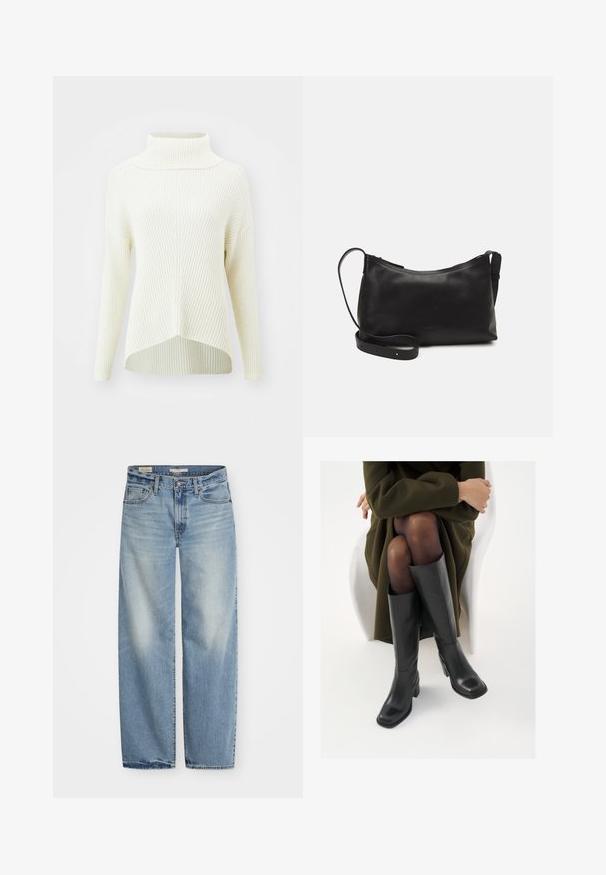 ONLY ONLKATIA SADDLE ROLL NECK - Džemperis - whitecap gray melange; Šviesiai mėlynos pločio džinsinės kelnės. Su sagčių ir užtrauktuko uždarymu, penkiomis kišenėmis, išblukusiu paviršiumi ir šiek tiek apgadintu kraštu.; Juodos odinės pradžios ilgio bateliai su kvadratu formos nosimi ir bloko kulnu, demonstruojami su modeliu, sėdinčiu alyvuogių žalios spalvos švarku. Lygi tekstūra, minimalus puošimas.; Juodas odinis petinis krepšys su lygiu paviršiumi, išlenkta forma, reguliuojama dirželiu ir užtrauktuku. Minimalistinis dizainas be puošmenų.
