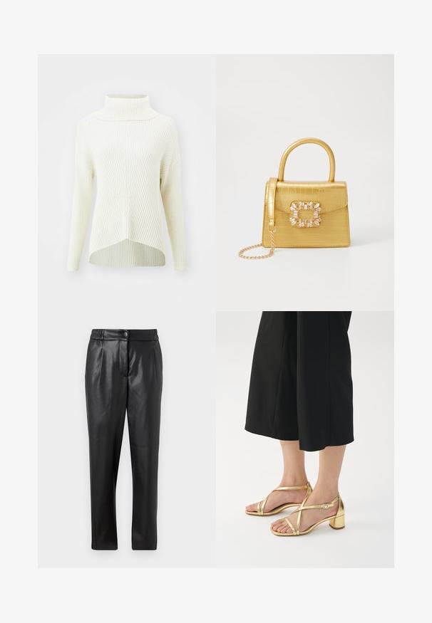 ONLY ONLKATIA SADDLE ROLL NECK - Džemper - whitecap gray melange; Mustad nahkpüksid, millel on sile tekstuur, sirge lõige, elastne vöökoht ja esine nupuga sulgemine; volditud detailid ja kitsenevad sääred.; Kuldsed rihmadega sandaalid turske kannaga, kitsaste rihmade ja pandlaga, lihtsa valge taustaga.; Kollane faux-krokodilli käsipindaga kott, millel on struktureeritud disain, ülemine käepide, eemaldatav kettmass ja dekoratiivne kristallkaunistus klambril.