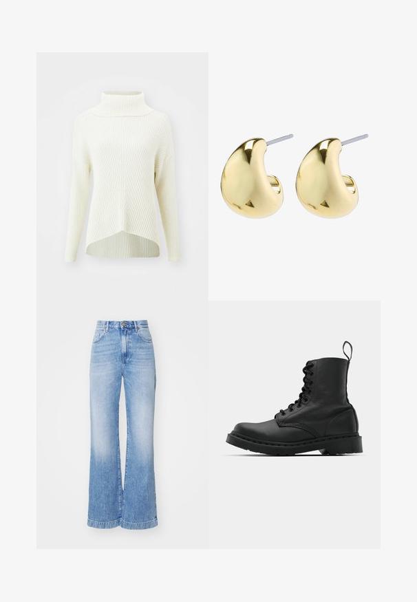 ONLY ONLKATIA SADDLE ROLL NECK - Džemper - whitecap gray melange; Heledad sinise värvi laiad teksad, mis on valmistatud denimist, kõrgema vöökohaga, ees taskutega ja kulunud viimistlusega, toorikud servad.; Mustad mustavi combat kingad ümmarguse varbaga, paeltega esiosa ja säärel tõmbeaas. Omab paksu kummist tallat, mis tagab vastupidavuse.; Kuldse värviga kõrvarõngad, millel on siledad ja ümarad kujundid, peegeldav pind ning tagumine kinnitus, mis tagab kindla kandmise.