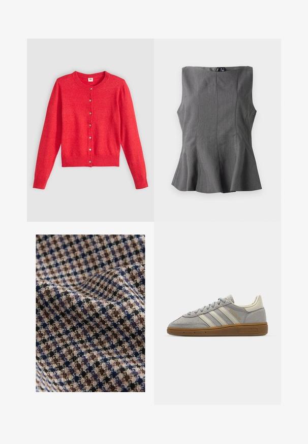 Rode cardigan van zacht materiaal met een ronde hals, lange mouwen en een knoopsluiting aan de voorkant. Voorzien van bijpassende knopen.; Grijze peplum top met een gestructureerd, mouwloos ontwerp. Gemaakt van een gladde stof, met verticale naden en een rechte halslijn.; Textiel met een geruit patroon in beige, bruin, marineblauw en zwart, met een getextureerde afwerking. Zacht en vallend uiterlijk.; Grijze suède sneakers met lichtgrijze leren strepen en een gomrubberen zool. Kenmerken zijn een vetersluiting en subtiele branding op de tong.