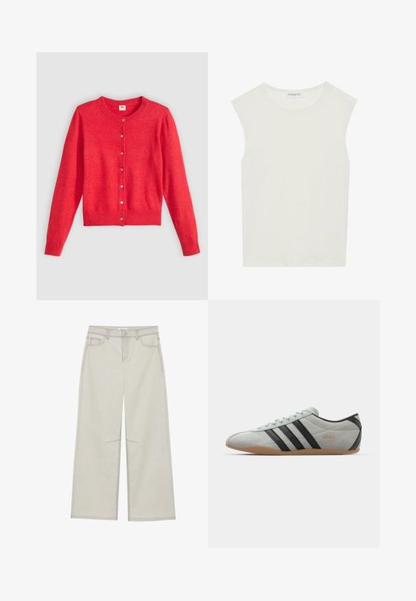 Red cardigan made of soft fabric with a round neckline, long sleeves, and a button-down front. Features matching buttons.; White sleeveless top with a round neckline. Made of smooth fabric, it features a relaxed fit and minimalist design. No patterns or accents.; Light gray wide-leg pants with five pockets, front button closure, and contrast stitching along seams. Fabric appears soft and durable.; adidas Originals TOKYO - Trainers - silver/core black