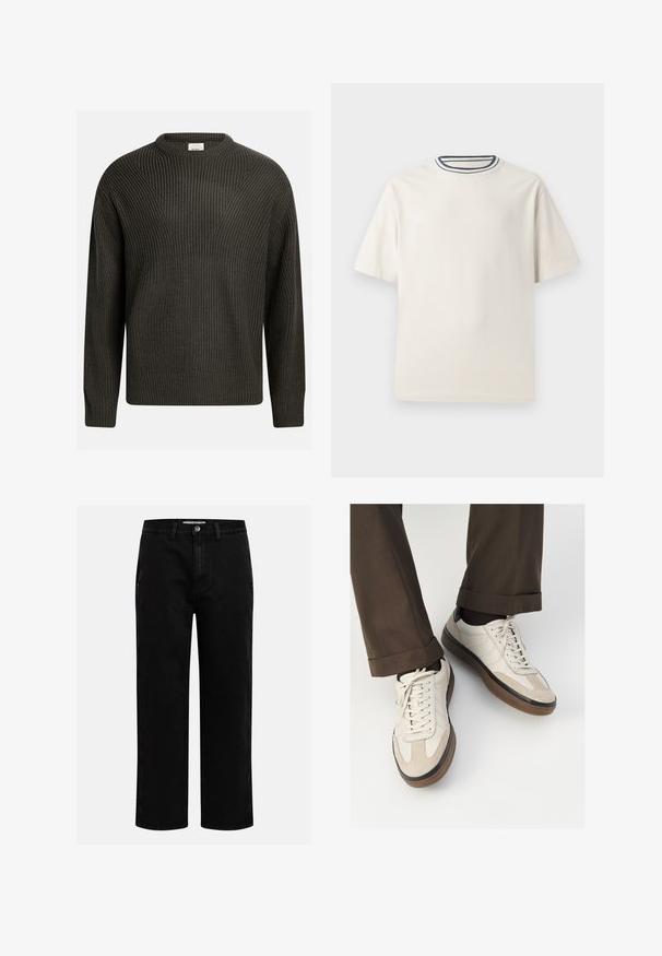 Mørkegrønn, tykk strikkegenser med rund hals, senkede skuldre og teksturert mønster hele veien. Ribbestrikkede mansjetter og kant.; Kremfarget bomulls T-skjorte med korte ermer, med rund halskant pyntet med marineblå og hvite striper. Glatt tekstur, avslappet passform.; Svarte denimbukser med rett benkutt, klassisk fem-lomme design og knappelukking i livet. Glatt tekstur og slitesterkt stoff.; Beige sneakers med teksturert semsket front, glatte skinnsider og en brun gummisåle. Snører og lys syddetalj inkludert.