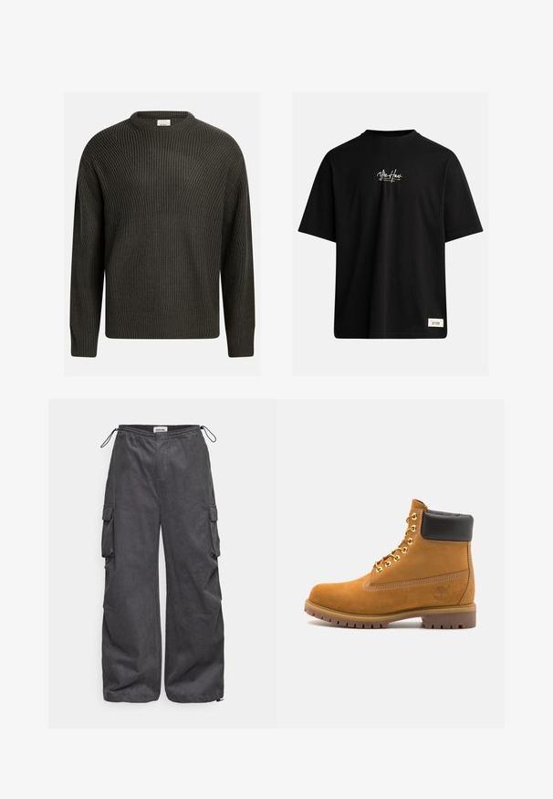 Mörkgrön, tjockstickad tröja med rund halsringning, sänkta axlar och texturerat mönster genom hela plagget. Ribbad mudd och nederkant.; Svart kortärmad t-shirt i bomull. Har en liten vit logotyp på bröstet och en rektangulär etikett längst ner till höger.; Grå cargobyxor med en texturerad tyg, elastisk midja, dragsko och sidofickor. Löst sittande med breda ben.; Tan mockasins ankelstövlar med svart vadderad krage, guldmetallöglor, vit sömdekor och slitstöt gummisula med utmärkta mönster.