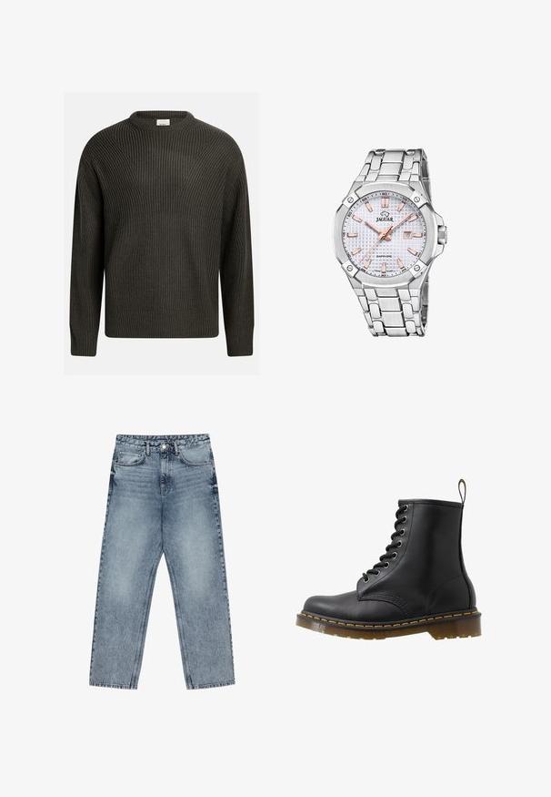 Tumma vihreä, paksusti neulottu neulepusero, jossa on pyöreä pääntie, pudotetut olkasaumat ja teksturoitu pinta kauttaaltaan. Ribbitetyt hihansuut ja helma.; Vaaleansiniset farkut, joissa on suora lahje, näkyvät tikkaus, viisi taskua ja napin suljenta vyötäröllä.; Musta nahkasaapas nilkkamallilla, pyöreällä kärjellä, nyörityksellä ja oranssilla ompeleella, sekä paksulla läpinäkyvällä pohjalla. Takana vetoketju.; Kellot, joissa on hopeanvärinen ruostumaton teräs, teksturoitu valkoinen kellotaulu, ruusukultaiset yksityiskohdat, päivämääränäyttö ja linkkihihna. Safiirilasi.