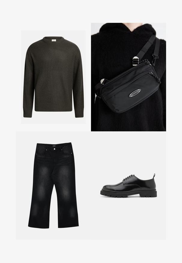 Tume roheline, paksu kudumisega sviiter ümmarguse kaelusega, madalate õlgadega ja tekstuurse mustriga kogu ulatuses. Ribakujulised mansetid ja ääred.; Mustad laiade säärega teksad, mis on valmistatud denimist, koos kahe esipocketi, peene hägususe ja nupuga sulgemisega vööl.; Mustad nahast kingad, millel on ümar nina, sile tekstuur ja sooniline kummist tald. Omavad väikest kontsi ja tõmblinti taga.; Musthave musta nailonkott rihmaga, millel on reguleeritav rihm, siledapinnaline tekstuur, eespool tõmblukuga tasku ja logo aktsent.