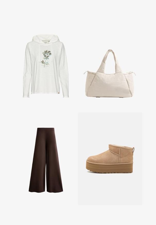 Witte hoodie met lange mouwen en een trekkoord, met een bloemmotief in gedempte blauwe en groene tinten en de tekst "Empowered by Nature."; Bruine wijde broek gemaakt van zachte stof, met een hoge taille, subtiele textuur en een vloeiende silhouet zonder zichtbare sluitingen of versieringen.; Beige suède enkellaarsjes met een pluche binnenvoering, voorzien van een plateauzool en een trekhaak aan de achterkant voor gemakkelijk aantrekken. Gemêleerde rubberen zool.; Beige gevoerde schoudertas met twee handvatten, ronde vorm, textuurstof en een trekkoord zijvak. Gladde afwerking, minimalistisch ontwerp.