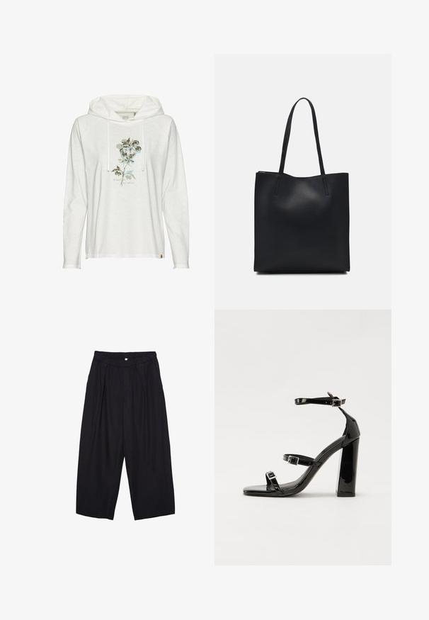 Hvid langærmet hættebluse med snor, der har et blomstergraphic i afdæmpede blå og grønne toner med teksten "Empowered by Nature."; Sorte polyester culotte bukser med elastisk talje, to forpiber og en løs silhuet. Ingen synlige mønstre eller hardware detaljer.; Sorte patenterede hælsandaler med firkantet tå, ankelremme og sølvspænder. Har en chunky blokHæl for stabilitet.; Sort læder tote taske med glat tekstur, rektangulær form og to lange hanke. Ingen synlig hardware eller udsmykninger.