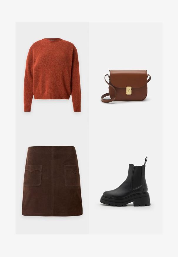 Maglione lavorato a maglia color ruggine con scollo rotondo e polsini a coste. Il tessuto ha un aspetto morbido e strutturato. Nessun elemento hardware o motivo visibile.; Gonna in suede marrone con una classica forma a campana, due tasche frontali con alette arrotondate e dettagli di cucitura sottili.; Stivali Chelsea neri in pelle liscia con pannelli laterali elastici, suola in gomma spessa e rigata, e un manico sul retro.; Borsa a tracolla in pelle marrone con chiusura a pattina, hardware color oro, tracolla e una finitura liscia. Forma rettangolare compatta.