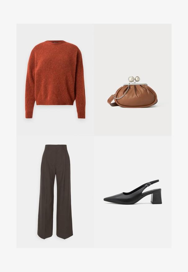 Rust-colored knitted sweater with a crew neckline and ribbed cuffs. The fabric has a soft, textured appearance. No visible hardware or patterns.; Dark brown wide-leg trousers with a high waist, featuring neatly pressed creases, smooth texture, and a tailored fit.; Black leather slingback heeled shoe with a pointed toe and a chunky block heel. Features an adjustable strap with a metal buckle.; Brown leather clutch purse with silver ball clasp and a small silver chain detail on a white background.