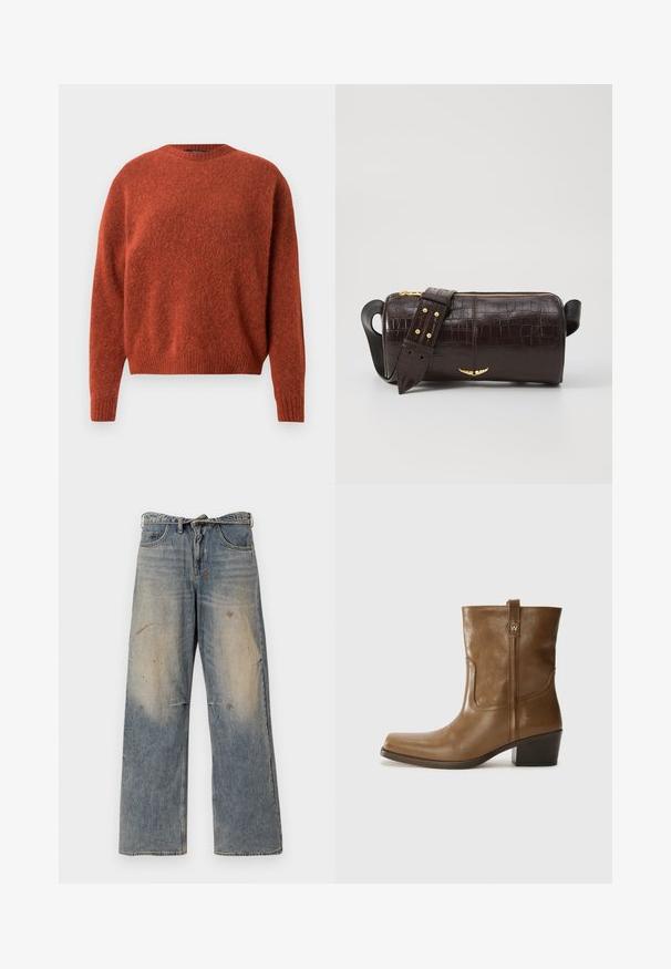 Ruosteenvärinen neulottu paita pyöreällä pääntiellä ja resorilla varustetuilla hihoilla. Kangas on pehmeän ja tekstuurisen näköinen. Ei näkyviä metalliosia tai kuvioita.; Vaaleansinisiä farkkuhousuja, joissa on löysä, suora lahje. Ominaisuuksiin kuuluvat kulutustiedot, haalistuminen ja kuluneet yksityiskohdat polvien lähellä. Klassinen viiden taskun tyyli.; Ruske nahkasaappaat nilkkamittaisella leikkauksella, neliönmuotoisella kärjellä, teksturoidulla pinnalla ja alhaisella pinottavalla korolla. Varustettu takana olevan vetotarran ja huomaamattomilla ompeleilla.; Ruskea krokotiilinkuosilla varustettu nahkalaukku, jossa on sylinterimäinen muoto, kultasävyiset yksityiskohdat ja irrotettava hihna, jossa on niittejä.